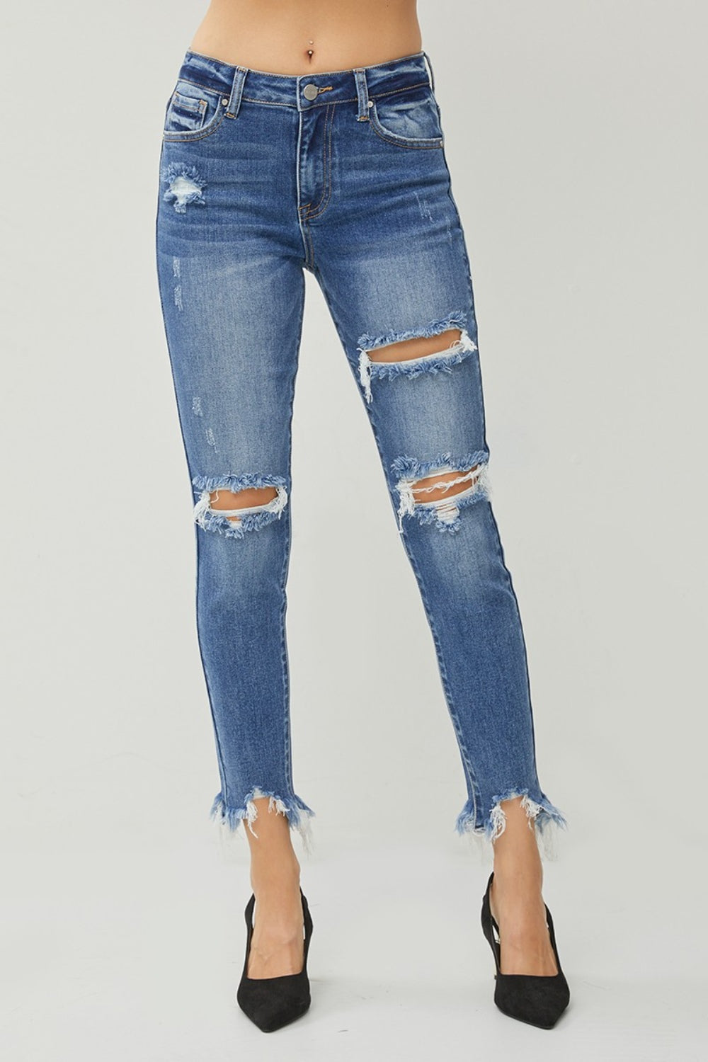 RISEN Distressed Frayed Hem Slim Jeans - AllIn Computer
