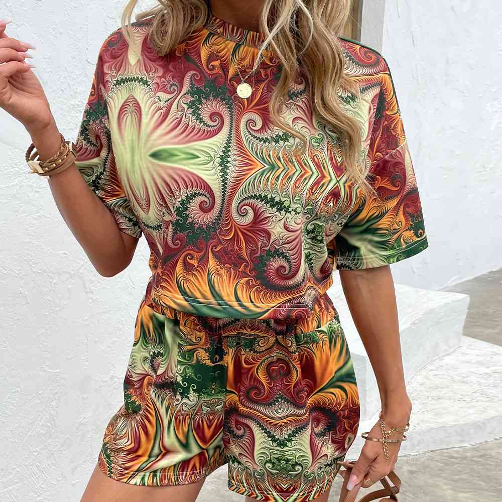 Printed Round Neck Dropped Shoulder Half Sleeve Top and Shorts Set - AllIn Computer