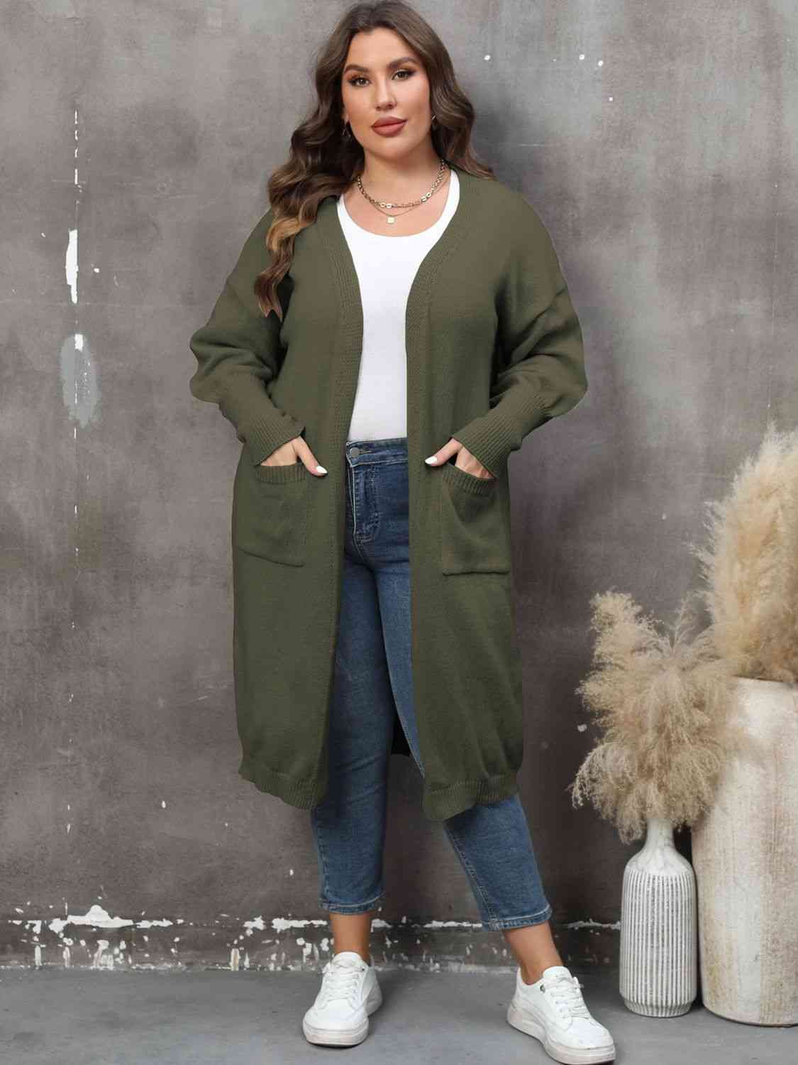 Plus Size Long Sleeve Pocketed Cardigan - AllIn Computer