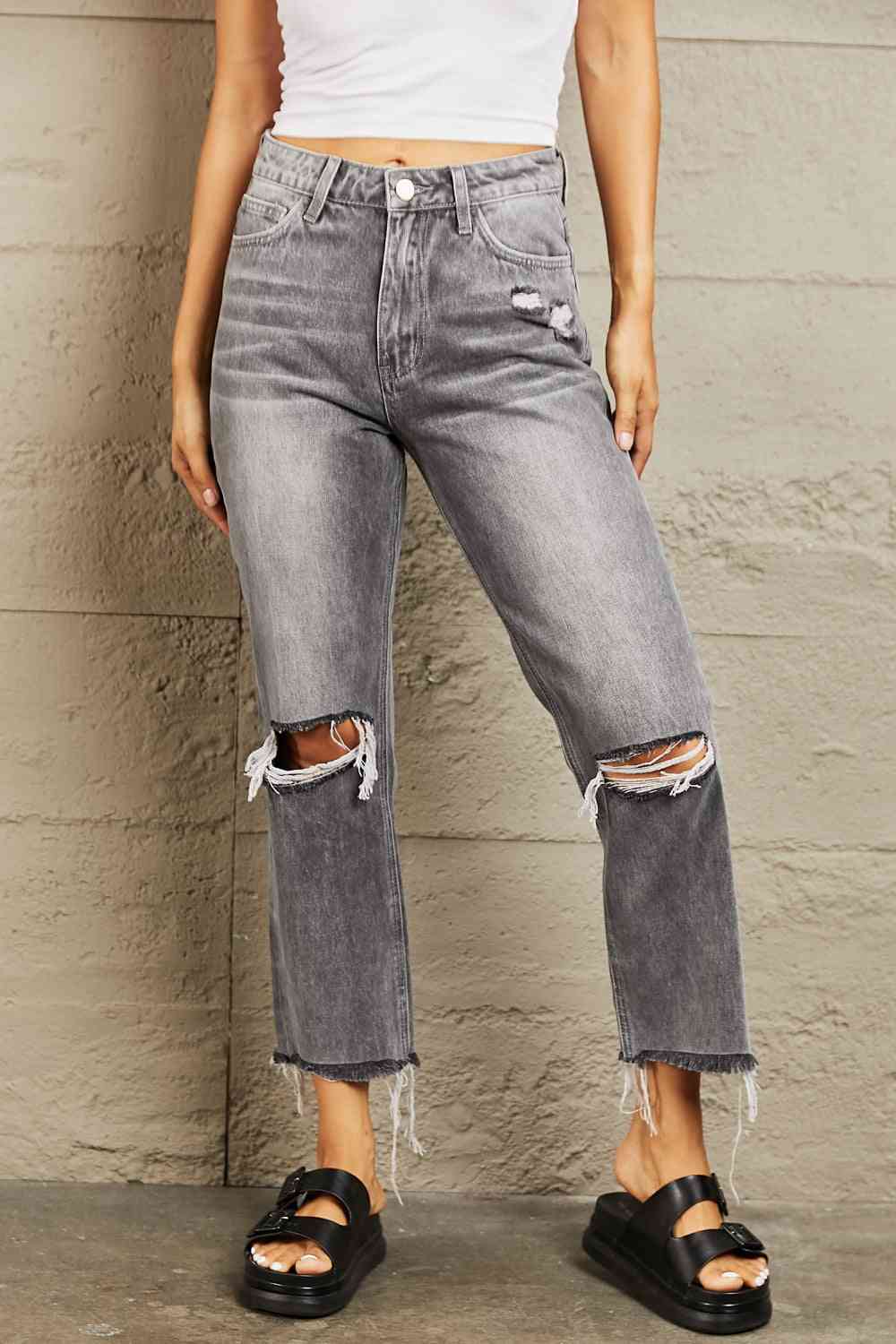 BAYEAS Stone Wash Distressed Cropped Straight Jeans - AllIn Computer