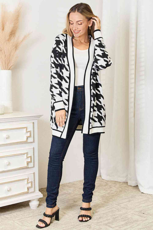 Woven Right Houndstooth Open Front Longline Cardigan - AllIn Computer