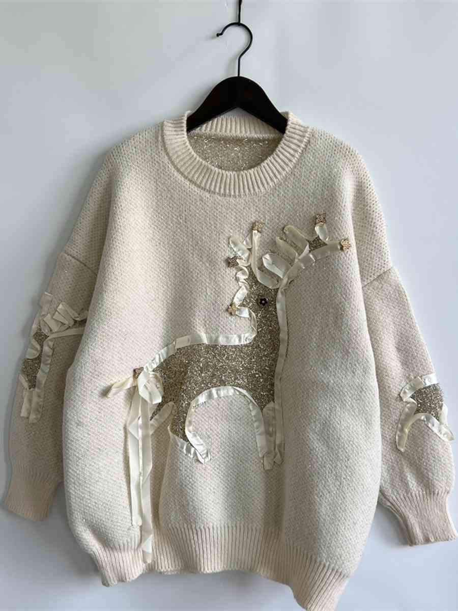 Reindeer Round Neck Long Sleeve Sweater - AllIn Computer