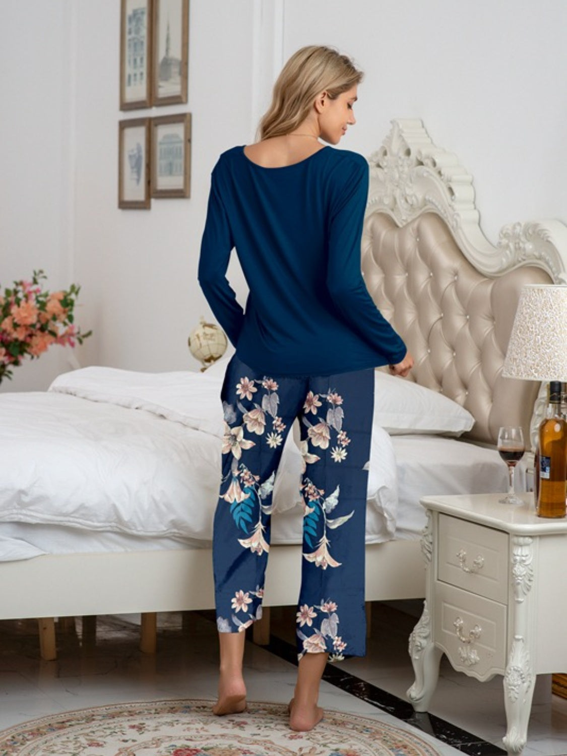 Round Neck Top and Printed Pants Lounge Set - AllIn Computer