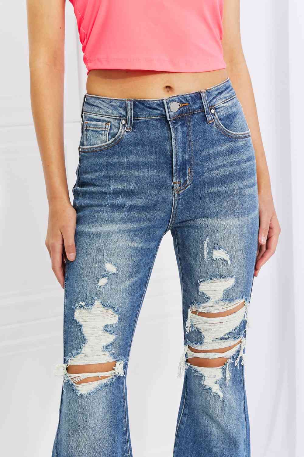 RISEN Full Size Hazel High Rise Distressed Flare Jeans - AllIn Computer
