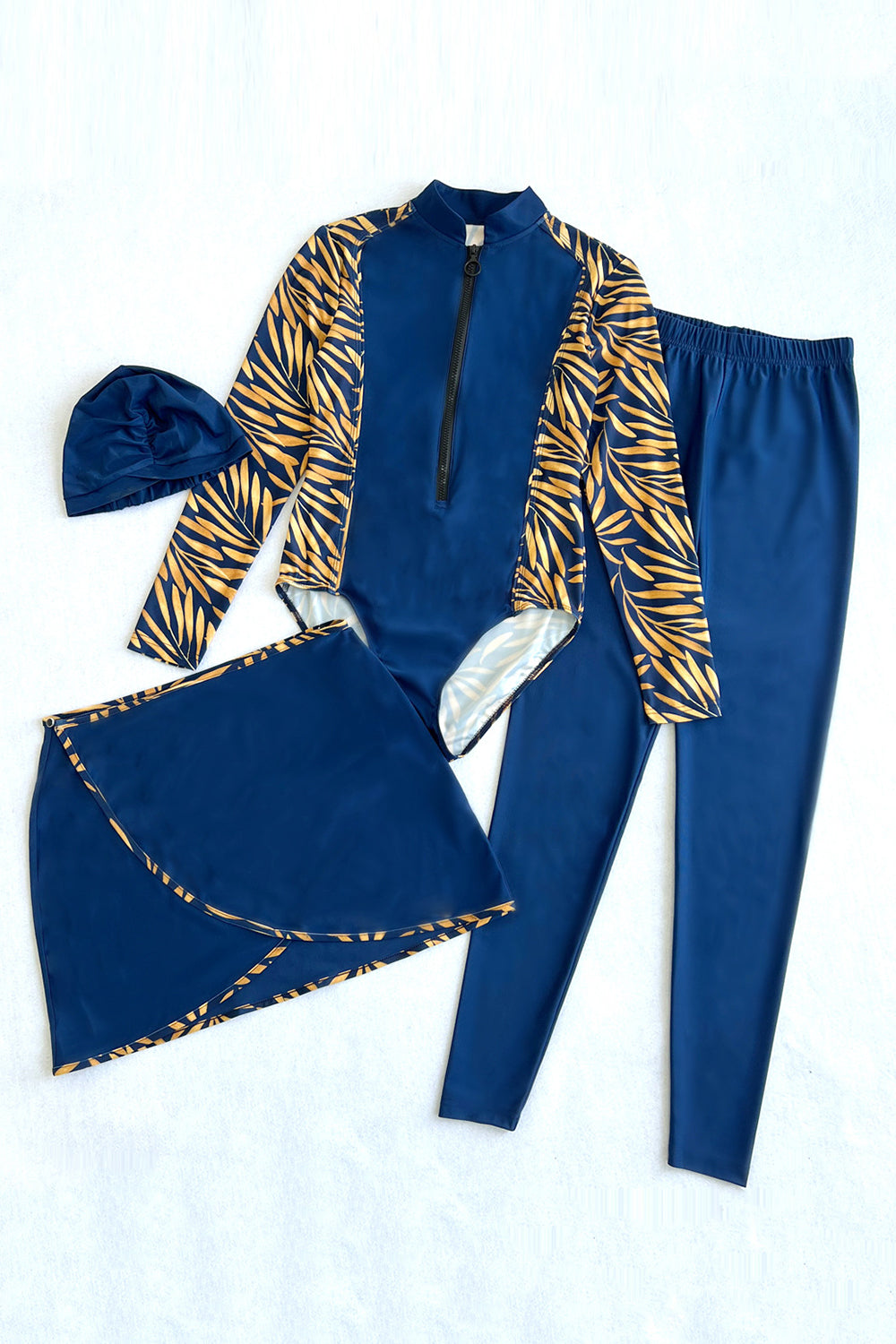 Cap, Printed Long Sleeve Swimwear, Pants and Mini Skirt Four-Piece Swim Set - AllIn Computer