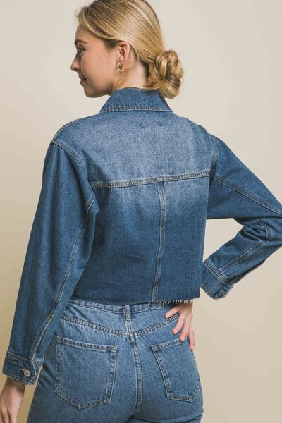 LOVE TREE Raw Hem Button Up Cropped Denim Jacket - AllIn Computer