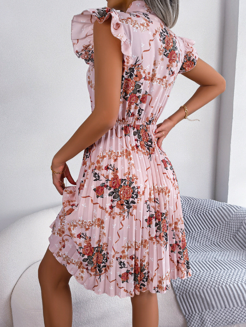 Pleated Floral Printed Tie Neck Knee Length Dress - AllIn Computer