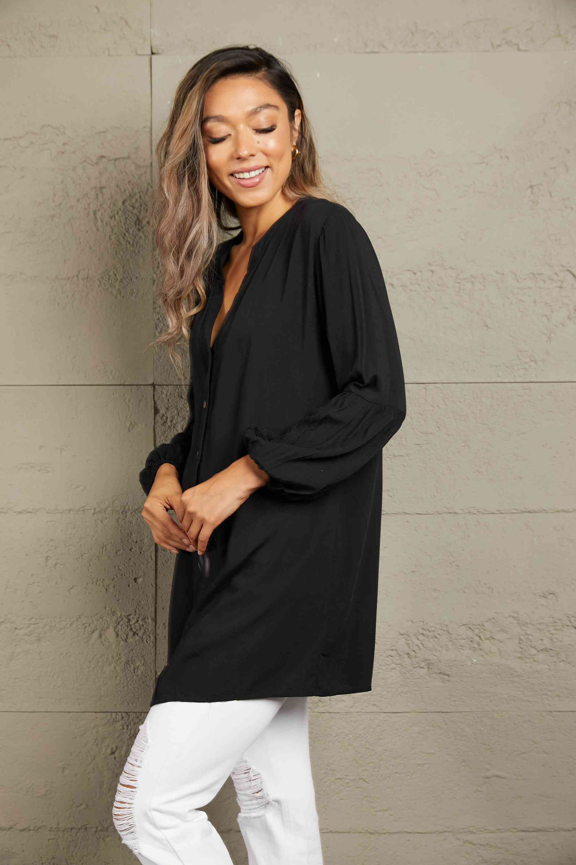 Double Take Notched Neck Balloon Sleeve Shirt - AllIn Computer