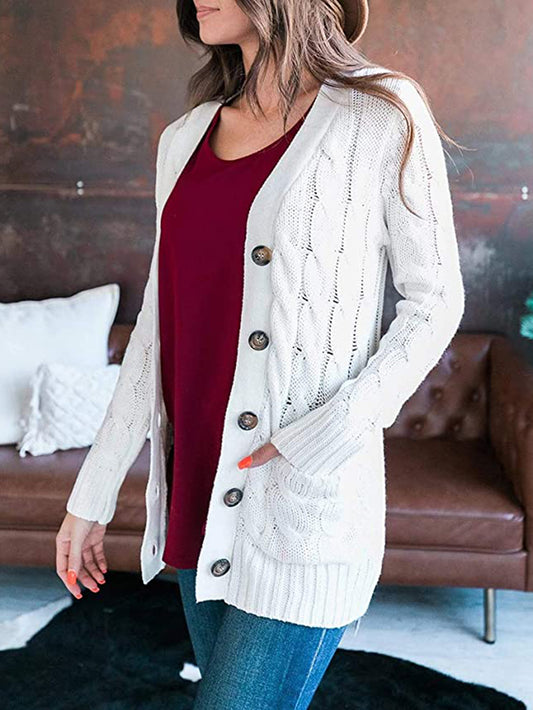 Cable-Knit Buttoned Cardigan with Pockets - AllIn Computer
