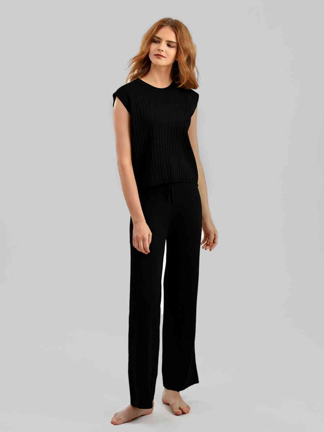 Ribbed Sweater Vest and Drawstring Knit Pants Set - AllIn Computer