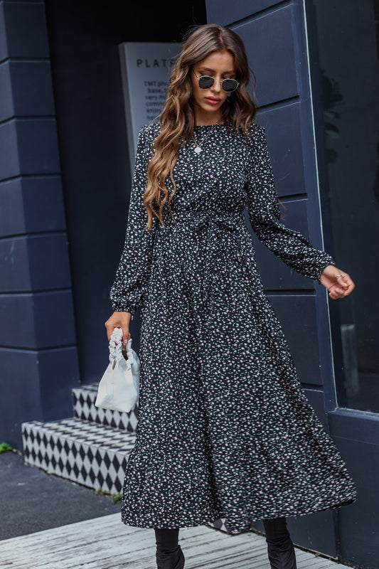 Printed Round Neck Long Sleeve Midi Dress - AllIn Computer