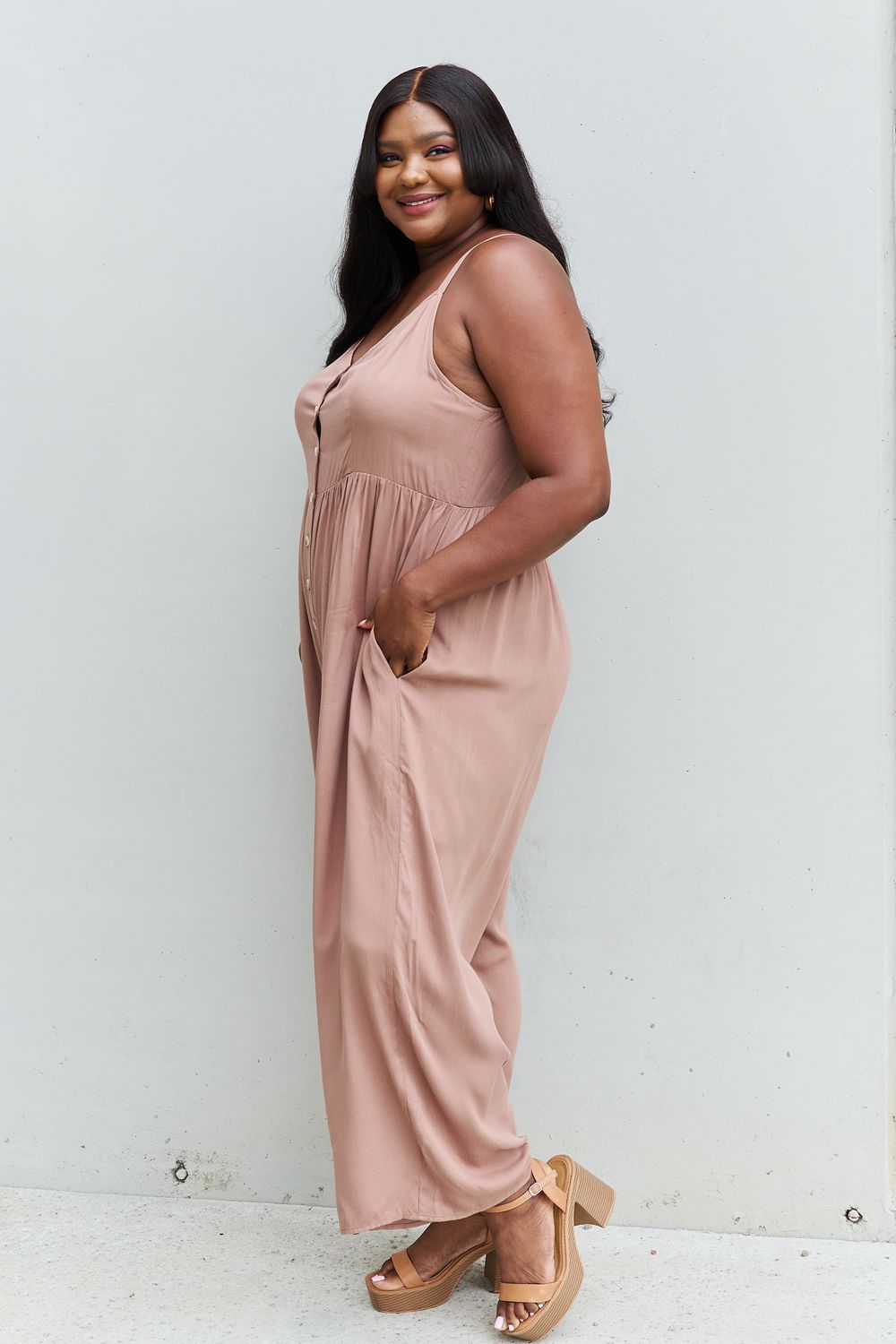 HEYSON All Day Full Size Wide Leg Button Down Jumpsuit in Mocha - AllIn Computer