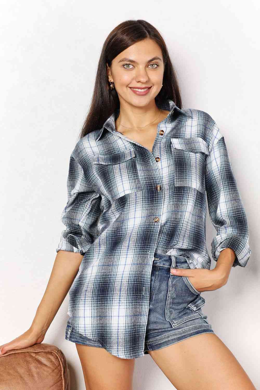 Double Take Plaid Dropped Shoulder Shirt - AllIn Computer