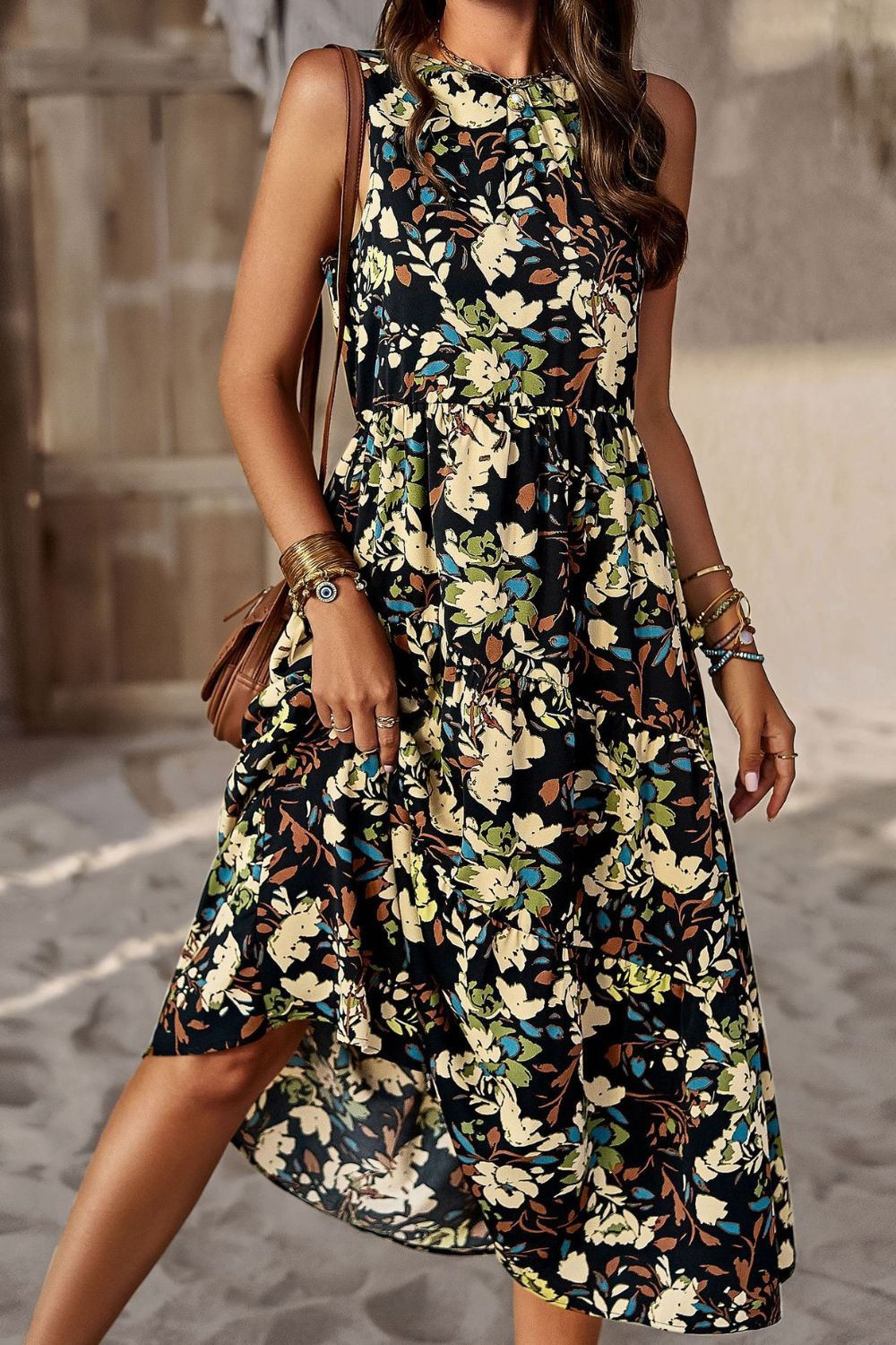 Printed Sleeveless Midi Dress with Pocket - AllIn Computer