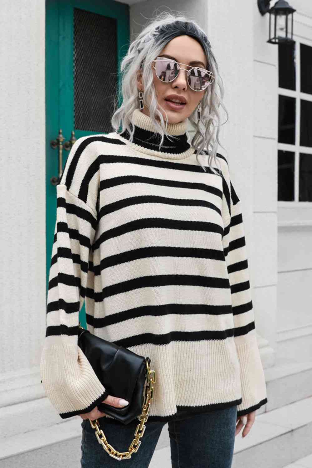 Striped Turtleneck Drop Shoulder Sweater - AllIn Computer