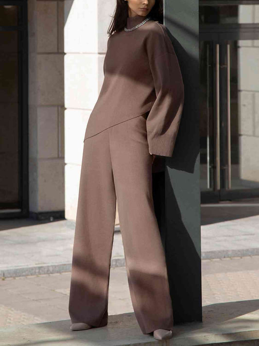 Asymmetrical Hem Knit Top and Pants Set - AllIn Computer