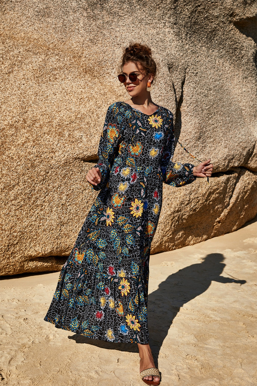 Printed Tie Neck Long Sleeve Dress - AllIn Computer