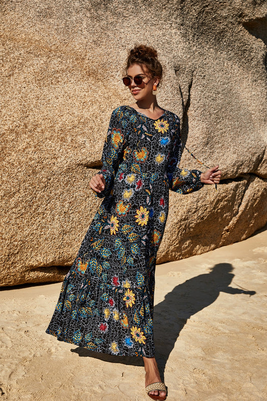 Printed Tie Neck Long Sleeve Dress - AllIn Computer