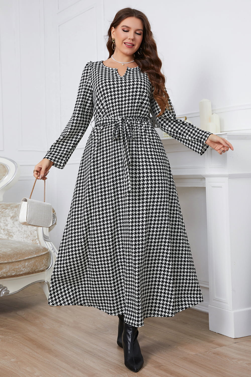 Melo Apparel Plus Size Notched Neck Houndstooth Tie Belt Maxi Dress - AllIn Computer