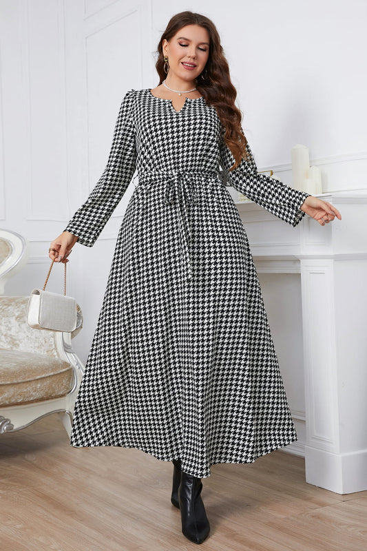 Melo Apparel Plus Size Notched Neck Houndstooth Tie Belt Maxi Dress - AllIn Computer