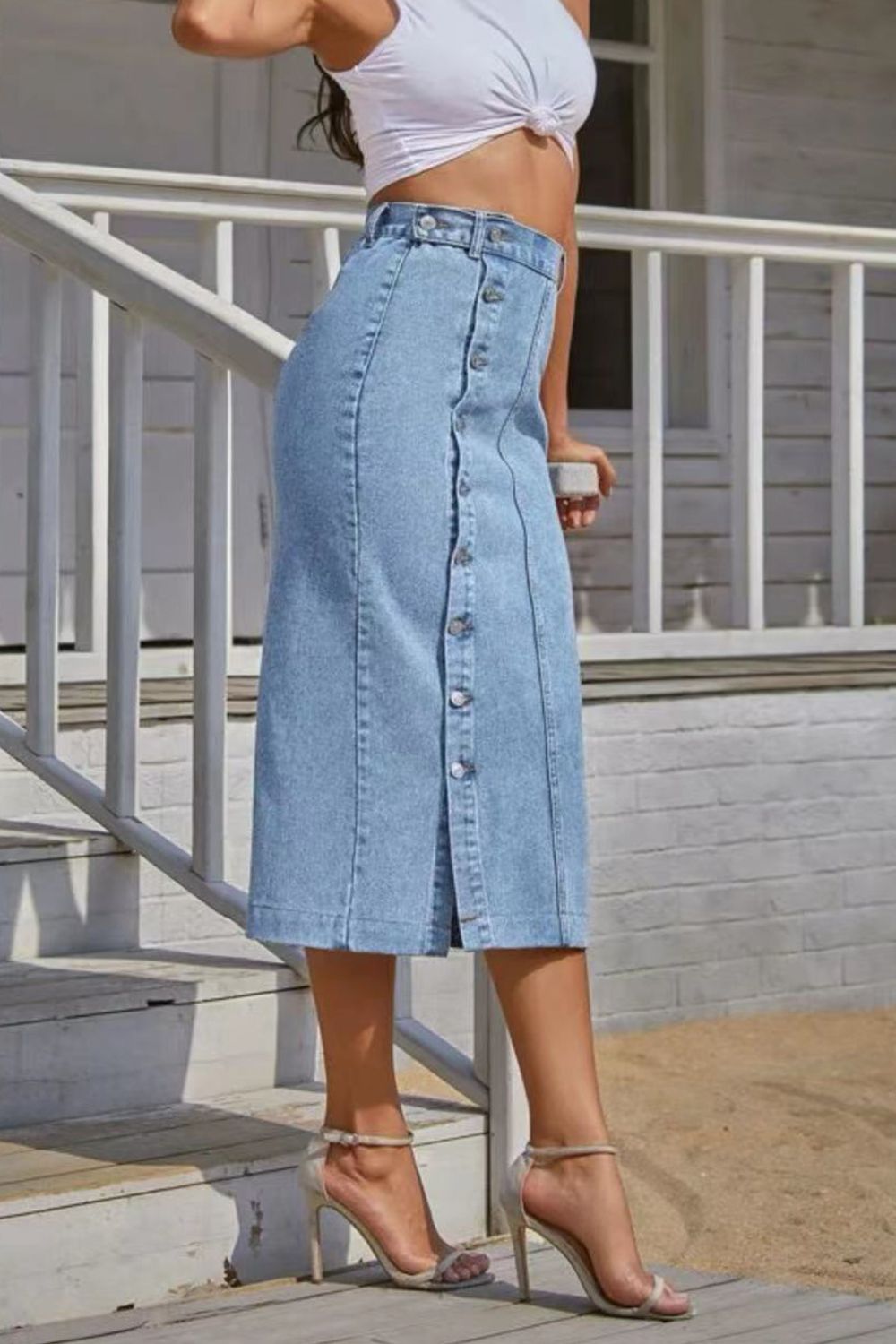 Buttoned Split Denim Skirt - AllIn Computer