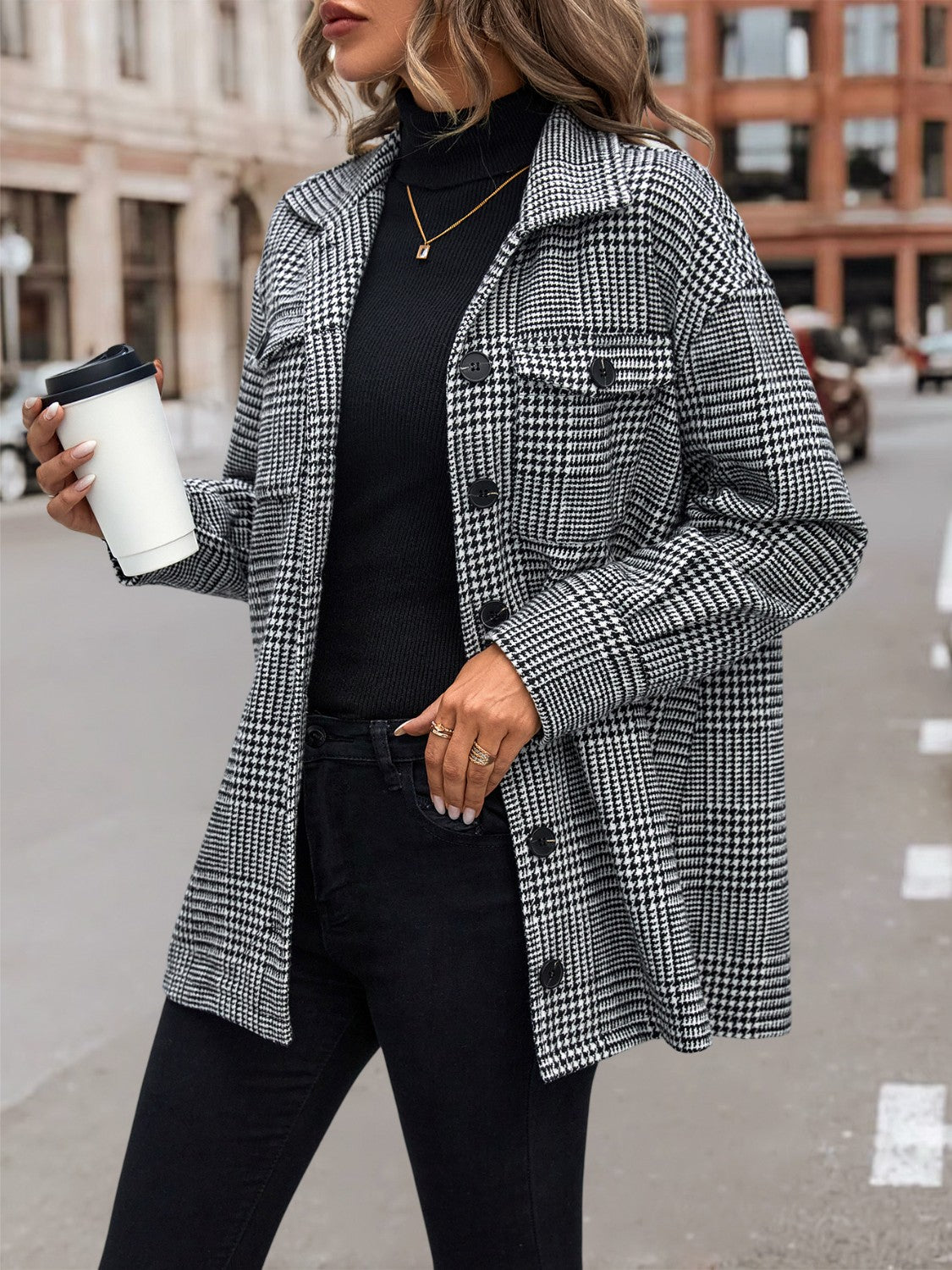 Houndstooth Drop Shoulder Collared Jacket - AllIn Computer