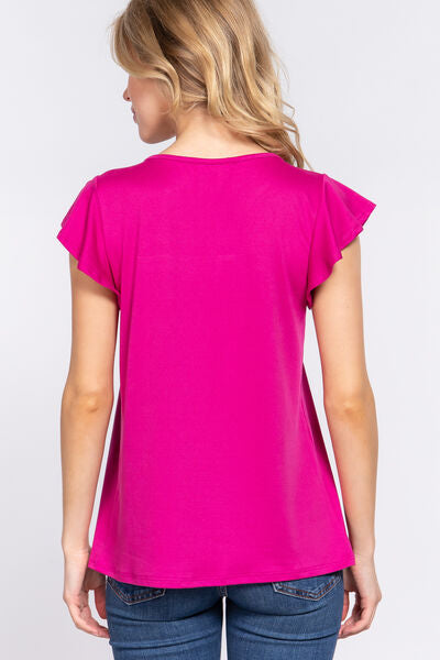ACTIVE BASIC Ruffle Short Sleeve Lace Detail Knit Top - AllIn Computer