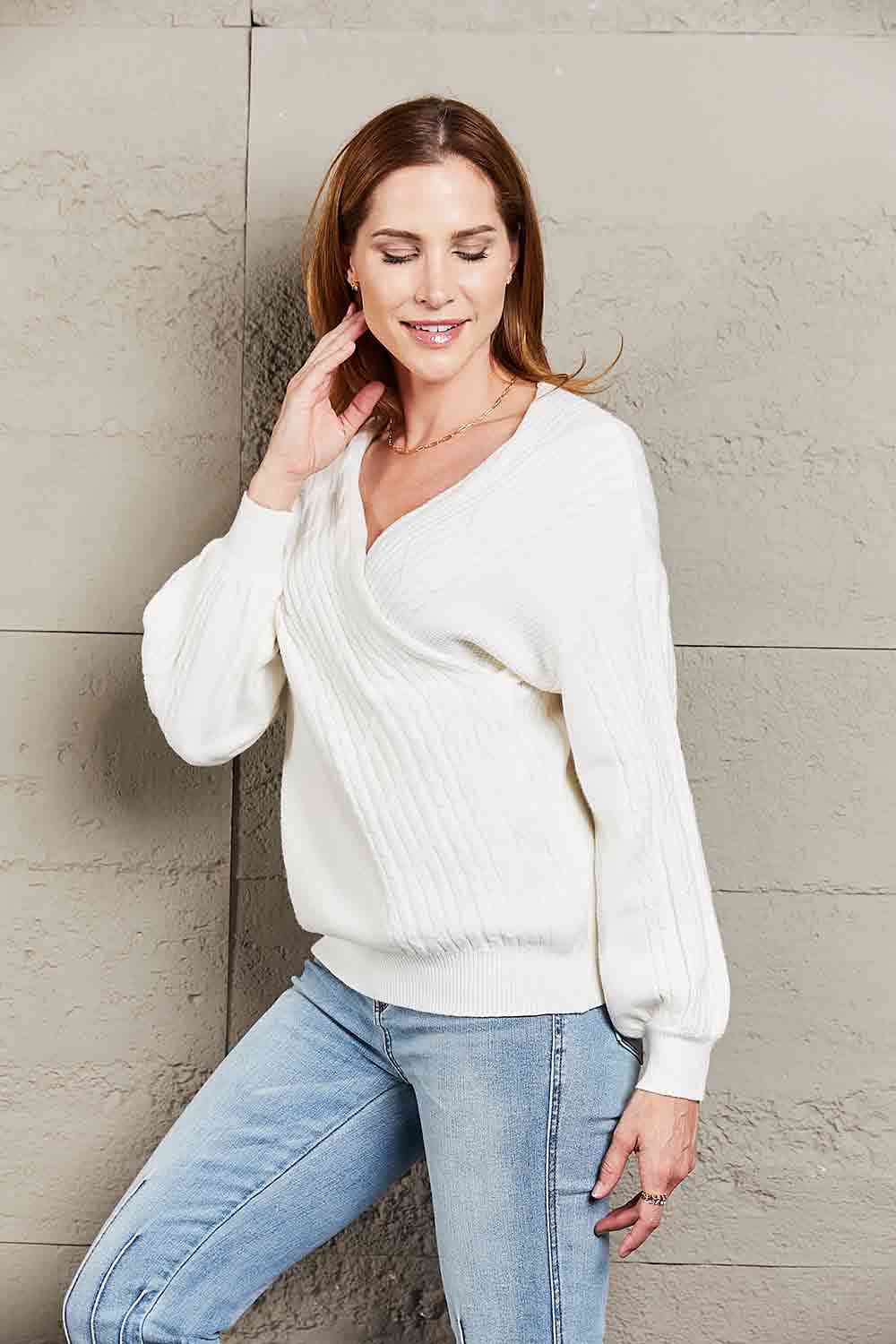 Double Take Ribbed Puff Sleeve Surplice Sweater - AllIn Computer