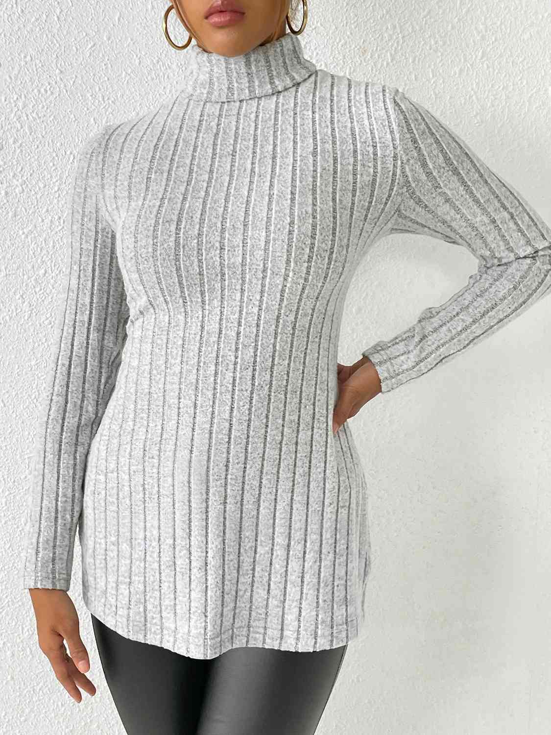 Ribbed Turtleneck Long Sleeve Slit T-Shirt - AllIn Computer