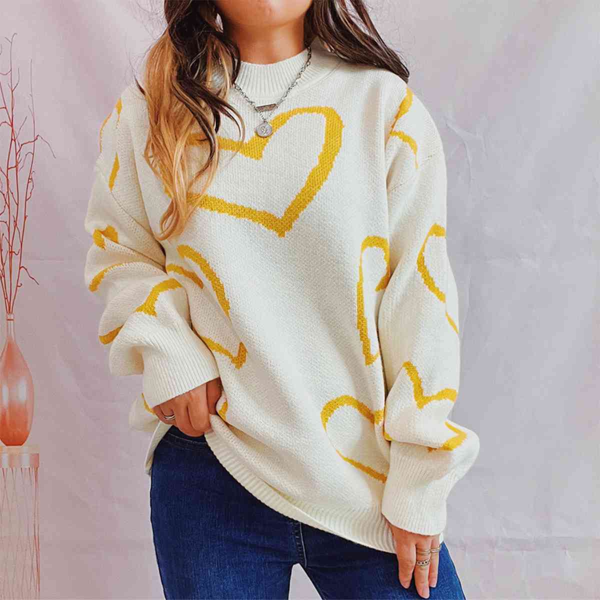 Heart Pattern Long Sleeve Sweater - AllIn Computer