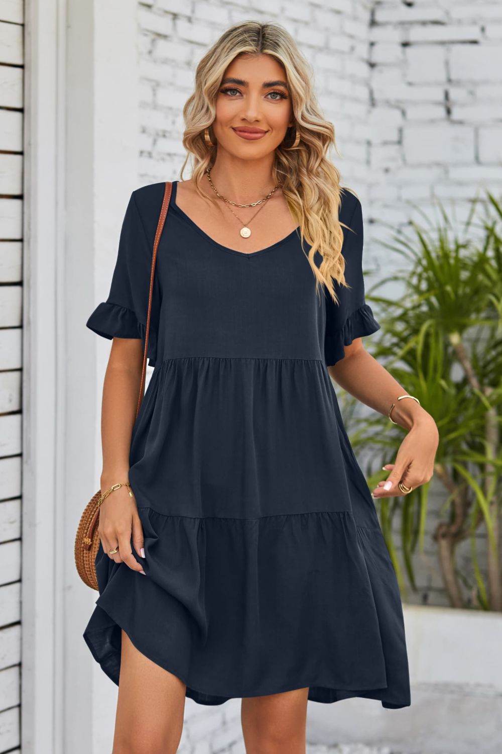 V-Neck Flounce Sleeve Tiered Dress - AllIn Computer