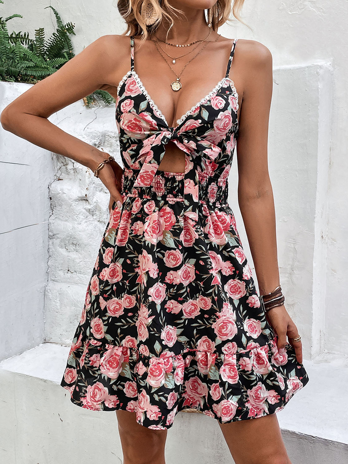 Tied Rose Print Spaghetti Strap Dress - AllIn Computer