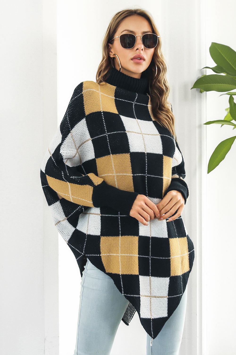Plaid Turtleneck Dolman Sleeve Poncho - AllIn Computer