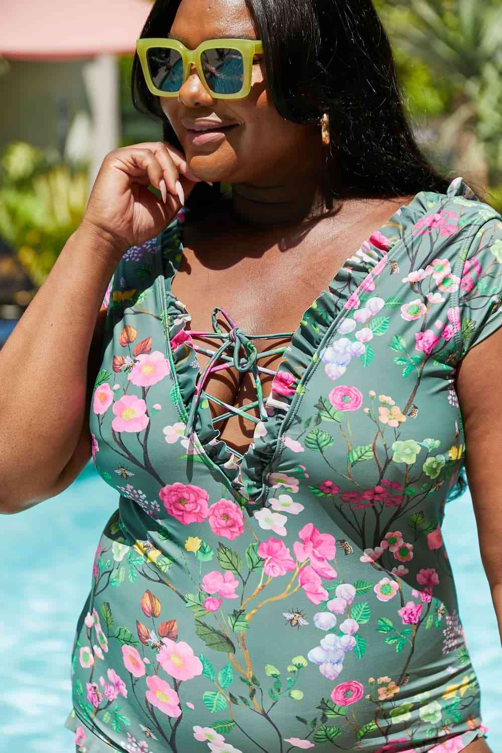 Marina West Swim Bring Me Flowers V-Neck One Piece Swimsuit In Sage - AllIn Computer