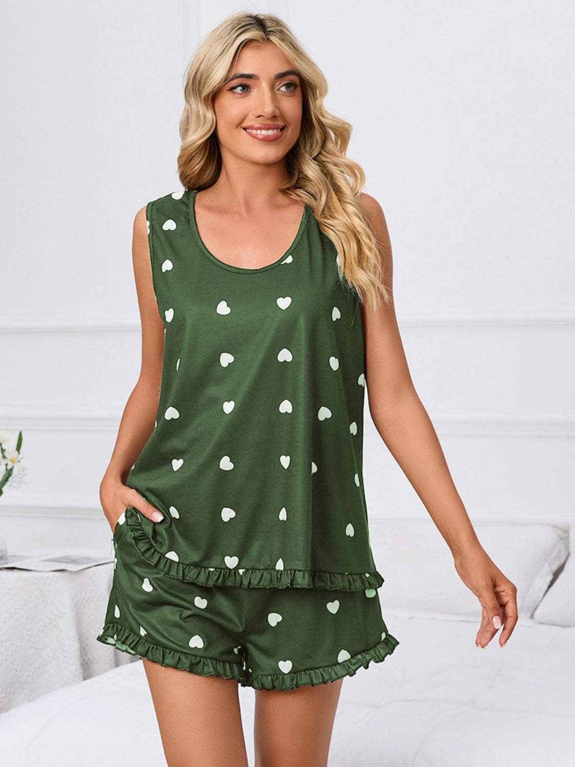 Heart Scoop Neck Tank and Shorts Lounge Set - AllIn Computer