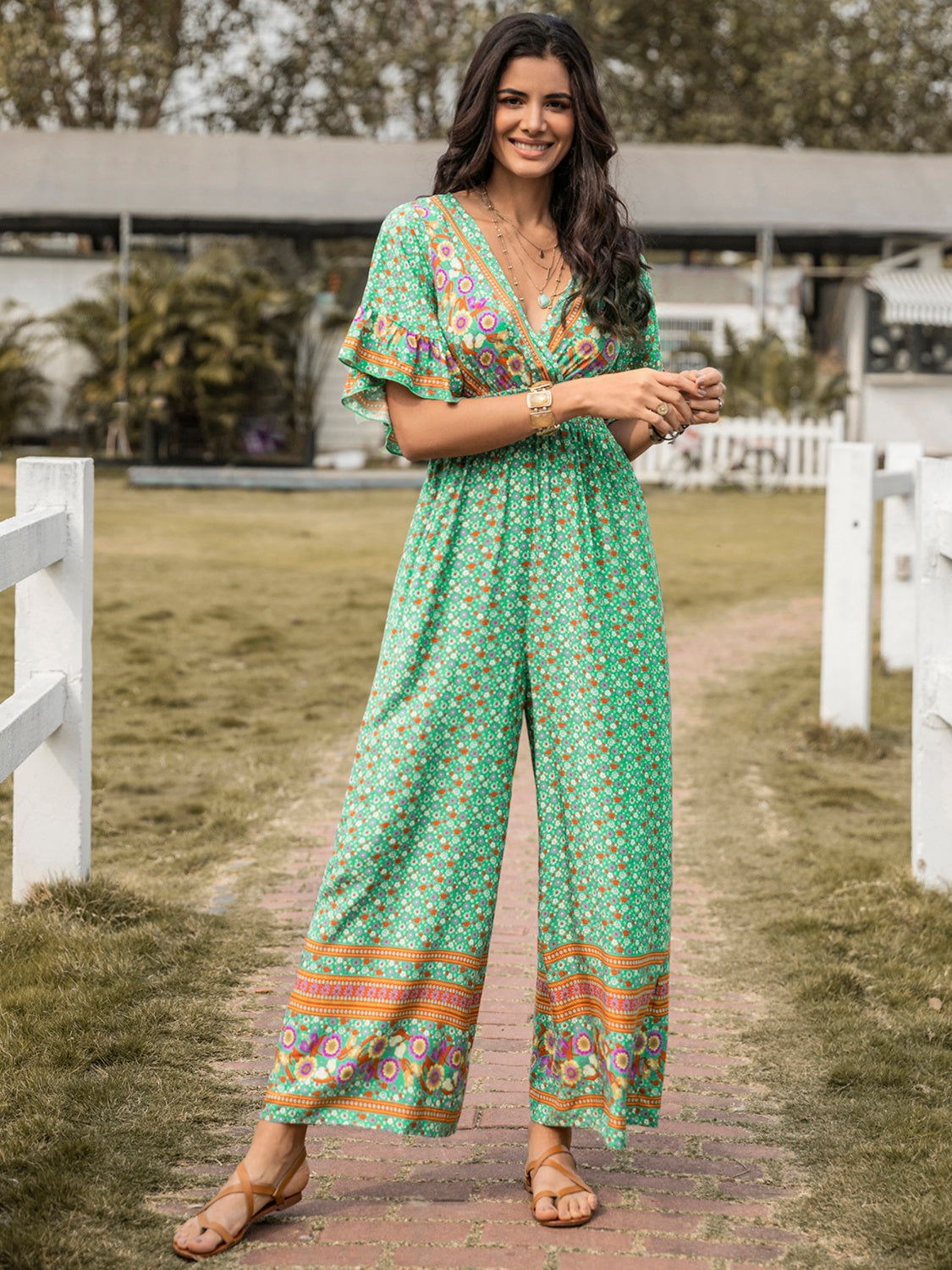 Floral Surplice Flutter Sleeve Jumpsuit - AllIn Computer