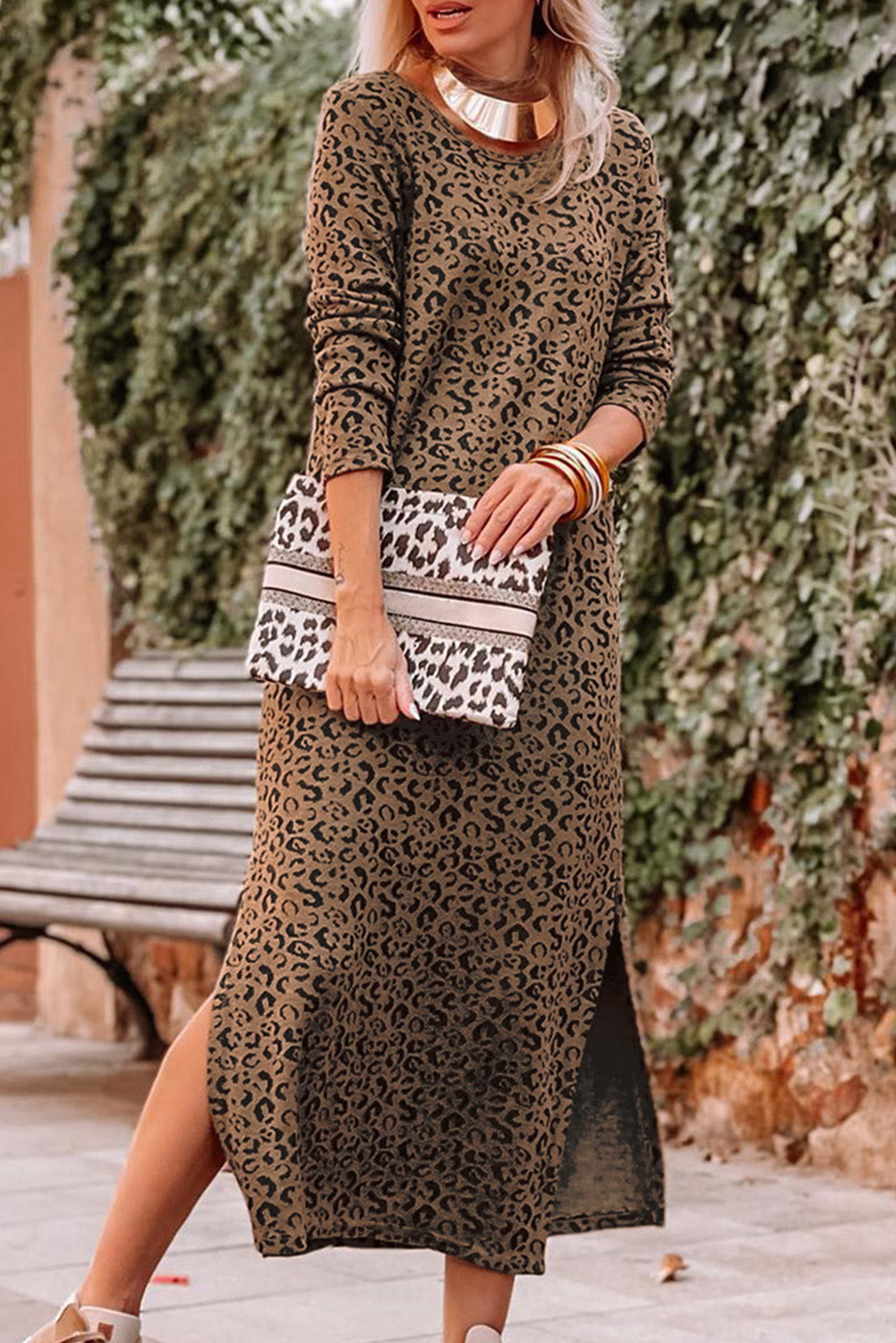 Round Neck Leopard Print Long Sleeve Slit Dress - AllIn Computer