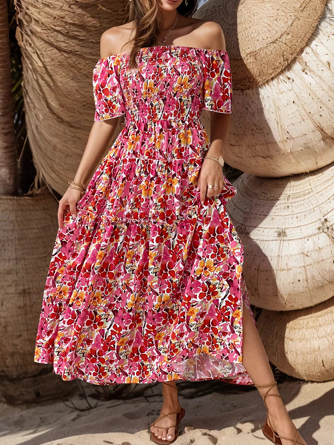 Slit Floral Off-Shoulder Short Sleeve Dress - AllIn Computer