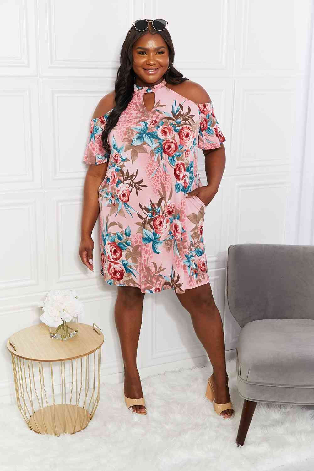 Sew In Love Full Size Fresh-Cut Flowers Cold-Shoulder Dress - AllIn Computer