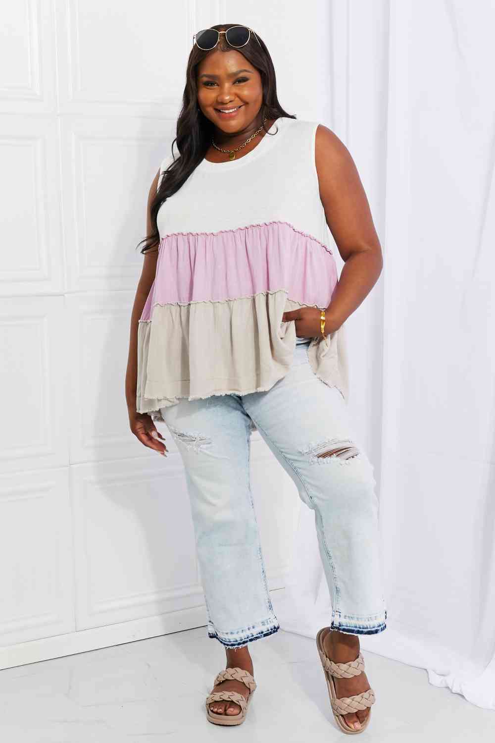 White Birch Full Size Watching the Sunset Color Block Babydoll Top - AllIn Computer