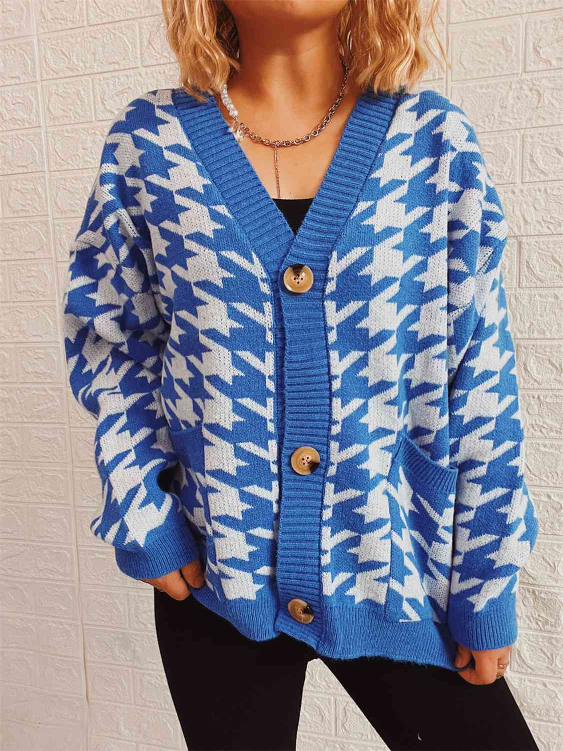 Houndstooth Botton Front  Cardigan with Pockets - AllIn Computer
