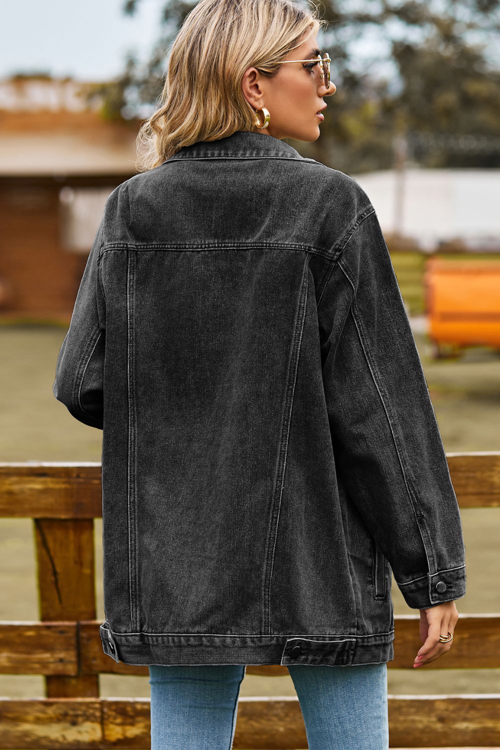 Buttoned Collared Neck Denim Jacket with Pockets - AllIn Computer