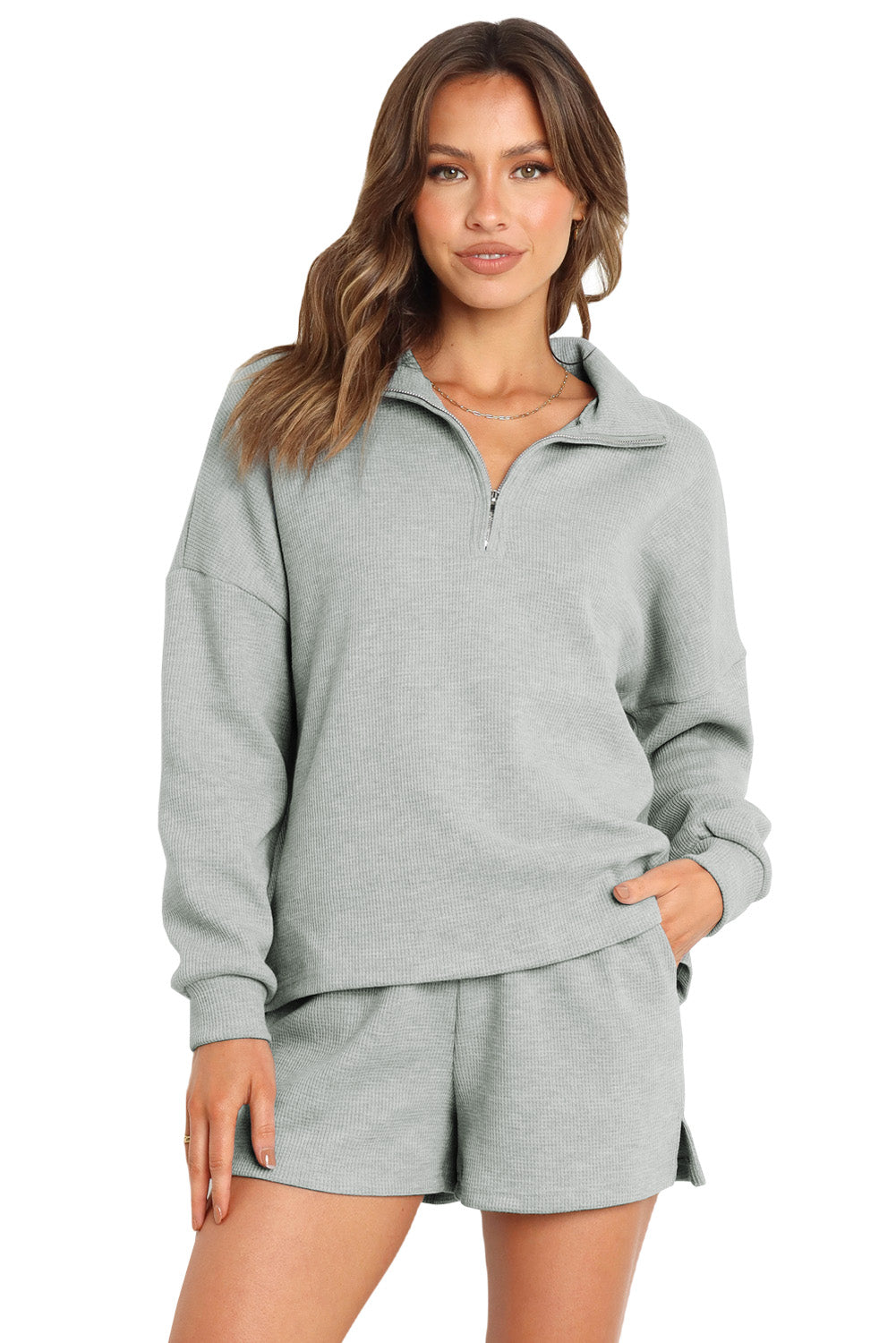 Collared Neck Zip-Up Top and Slit Shorts Set - AllIn Computer
