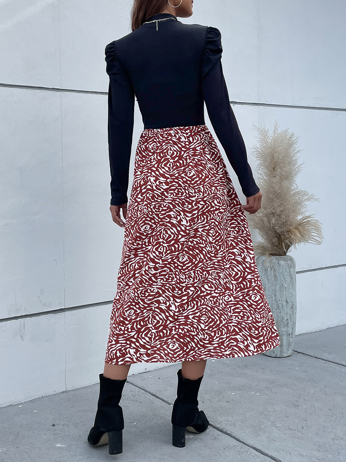 Printed Mock Neck Puff Sleeve Midi Dress - AllIn Computer