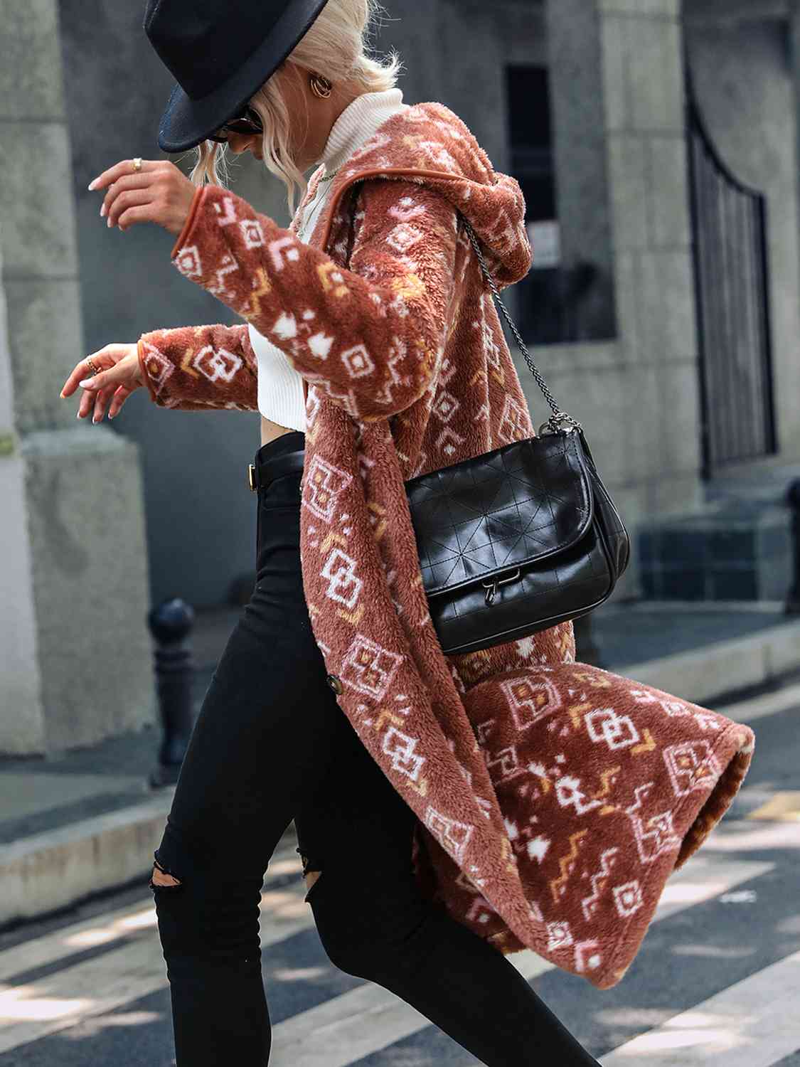 Geometric Button Down Hooded Fleece Coat - AllIn Computer