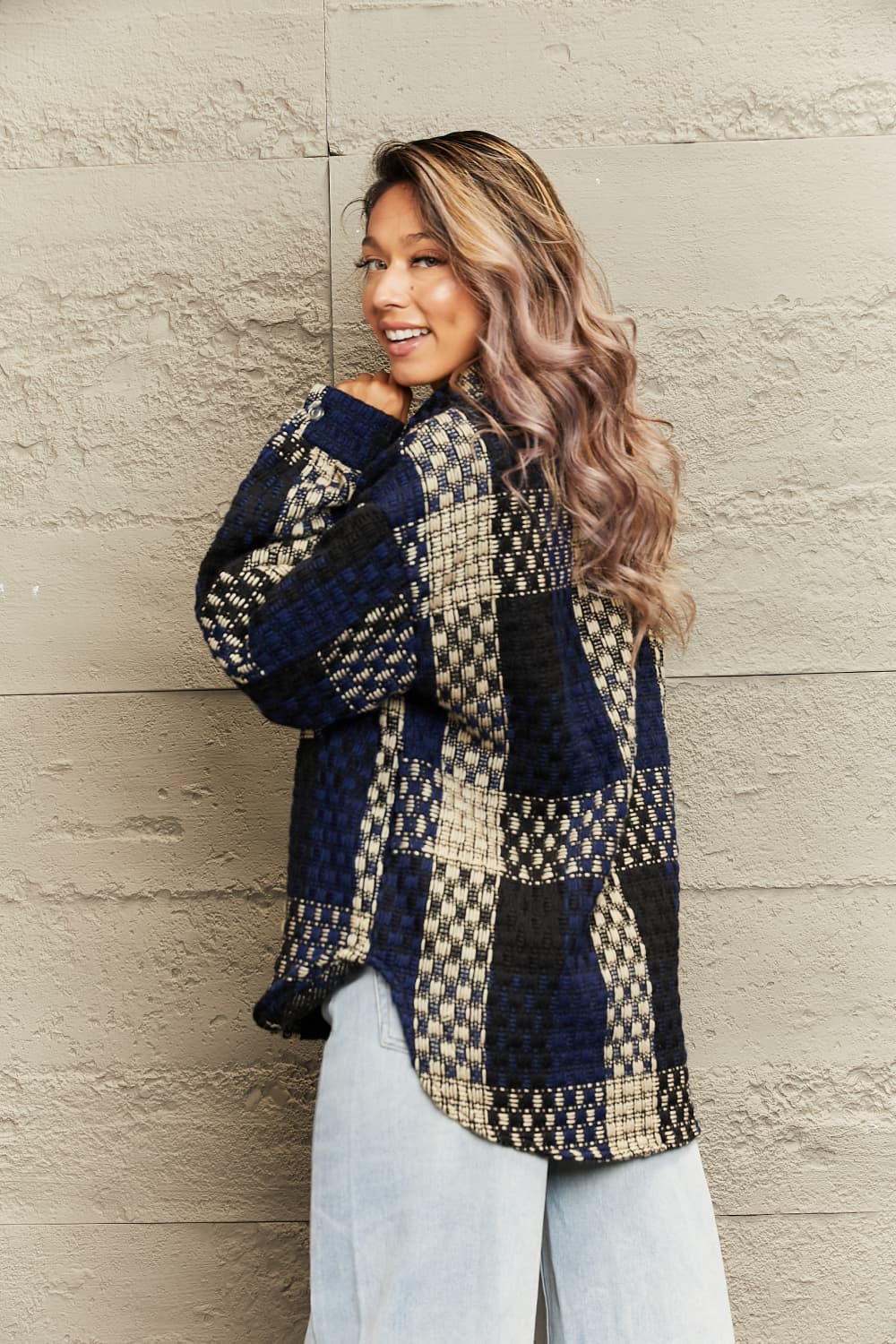 Plaid Collared Neck Drop Shoulder Jacket - AllIn Computer