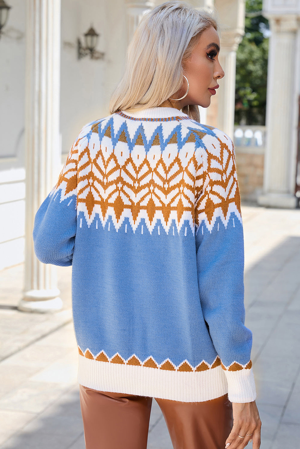 Printed Round Neck Long Sleeve Sweater - AllIn Computer