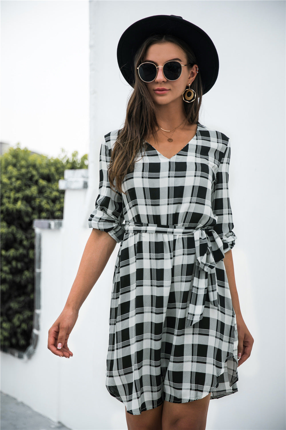 Plaid V-Neck Tie Waist Dress - AllIn Computer