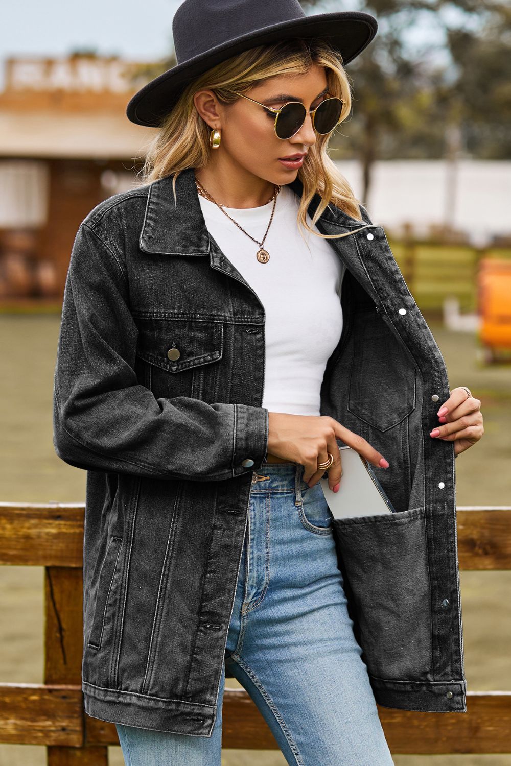 Buttoned Collared Neck Denim Jacket with Pockets - AllIn Computer