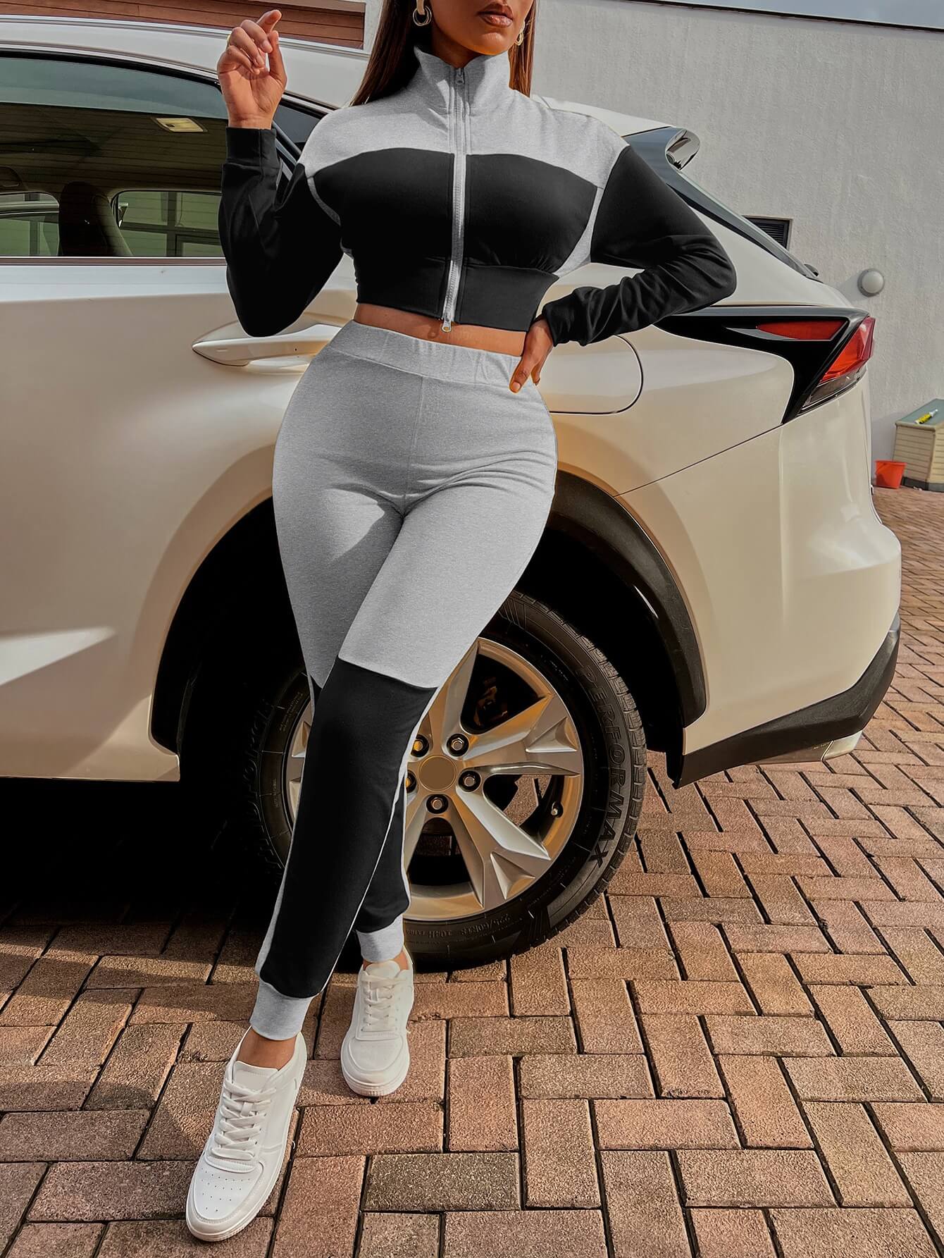 Two-Tone Collared Neck Top and Joggers Set - AllIn Computer